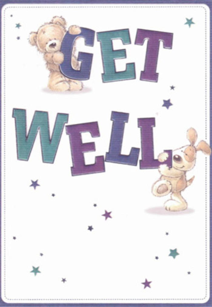A gentle wave of optimism flows from this charming get well card, where a friendly bear and a lively puppy team up to deliver heartfelt wishes. The joyful animals seem to dance among starbursts of indigo, teal, and purple, scattering encouragement in every direction. The bold, oversized 'GET WELL' text feels celebratory, its vivid palette reminiscent of hand-tied bouquets found at West Wickham's High Street shops. There's an almost soft-touch quality to the illustrations-the bear's plump fur and the puppy's silky ears invite comfort much like a fresh arrangement's velvety petals. Set against a backdrop as clean and uplifting as an early morning near Coney Hall, the scene conveys a sense of purity and care. Each playful accent, from the twinkling stars to the expressive faces, mirrors the intent behind every thoughtfully delivered bouquet: to bring lightness and assurance when it's needed most. In West Wickham, neighbours often say that a well-timed gesture, much like this card, holds the power to help someone heal.