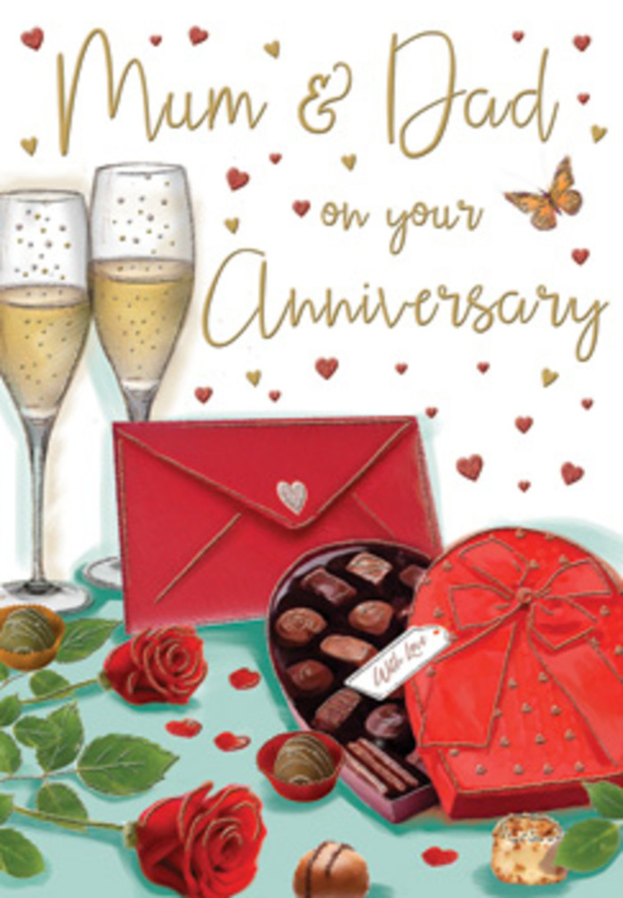Luxurious anniversary card artwork depicting a richly detailed celebration still life, as if arranged for devoted parents in a West Wickham home. The illustration centres on two tall champagne flutes, drawn with crisp outlines and gentle reflections that suggest clear glass catching soft, ambient light. Each flute is filled with pale golden champagne, tiny bubbles suspended mid-rise, implying an imminent clink and shared smile. To their side rests a sumptuous, heart-shaped chocolate box in a deep red hue, its lid tipped open to showcase perfectly arranged assorted chocolates, some domed, some square, each shaded to evoke silky dark and milk chocolate. A wide satin ribbon wraps the box, tied into an opulent red bow that spills in soft folds. In the foreground, two striking red roses lie across the table, encircled by glossy green leaves, every layered petal carefully shaded to mirror the lush, velvety look an experienced florist in West Wickham would seek when curating an anniversary bouquet. A bright scarlet envelope, sealed and slightly angled toward the viewer, introduces the idea of a private, handwritten message, perhaps composed after picking up fresh flowers on West Wickham High Street. Scattered gold and crimson hearts drift across the background alongside a gentle Mum & Dad greeting, adding a playful, affectionate touch. The overall tone is warm and elegant, with reds and golds radiating against a soft neutral backdrop, creating the feeling of a cherished family celebration where love, gratitude, and shared history are savoured much like the champagne and chocolates depicted.