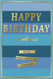 A beautifully composed birthday card is shown, its design built on gentle contrasts between restful blues and glowing gold, evoking the quiet comfort of a birthday celebrated at home in West Wickham. The entire background is divided into wide, horizontal stripes that drift from deep navy at the top through mid-blue and teal to a softer, misty blue at the bottom, creating a layered ombre effect that feels soothing and spacious. Centred within these bands, the greeting HAPPY BIRTHDAY appears in generous, embossed gold lettering, each capital letter raised from the card and catching the light with a warm metallic sheen. Immediately below, a delicate golden flourish stretches in a graceful curve beneath the words, adding a touch of vintage charm, like a detail from an old bookplate or decorative sign along West Wickham High Street. Under this flourish, three slim golden banners are set one beneath the other, each ribbon inscribed with part of the message: Relax, have a great day and enjoy! The gold elements look slightly raised and polished, giving a pleasing tactile contrast against the smooth, velvety matte texture of the blue background. A fine gold line runs around the outer edge, framing the stripes and tying together the composition with a sense of harmony and completion. You can easily imagine this card propped beside a vase of freshly delivered birthday flowers on a sideboard or windowsill, the blues and golds catching changing daylight. The overall impression is calm yet celebratory - a card that speaks of thoughtful wishes, gentle joy, and a day meant to be enjoyed at an unhurried pace.