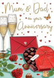 Detailed anniversary card scene illustrated like a tender family celebration in West Wickham, ideal for honouring parents. The artwork shows two graceful champagne flutes standing close together, filled with sparkling golden liquid where fine bubbles seem to rise in slow motion, capturing the hush of a toast about to be made. Nearby sits a heart-shaped chocolate box in rich crimson, its lid opened to reveal a tempting selection of carefully arranged chocolates, their smooth brown surfaces highlighted as if under warm lamplight. A generous red satin bow arcs over the lid, its loops and trailing ends drawn with soft, luxurious folds. In front, two lush red roses rest on a flat surface, their petals full, velvety, and slightly ruffled, surrounded by fresh green foliage reminiscent of a hand-picked arrangement from a trusted West Wickham florist. A vivid scarlet envelope, sealed and positioned invitingly, suggests a heartfelt, handwritten anniversary message addressed to Mum & Dad. Around the central elements float small gold and ruby hearts, along with gently scripted lettering, giving the design a romantic, joyful energy that feels perfectly suited to a long-married couple celebrating at home off the High Street or after a stroll near Coney Hall. The colour palette of deep reds, glowing golds, and soft neutrals wraps the whole scene in warmth, evoking the scents of roses and chocolate and the quiet comfort of a love that has grown and endured over many years.